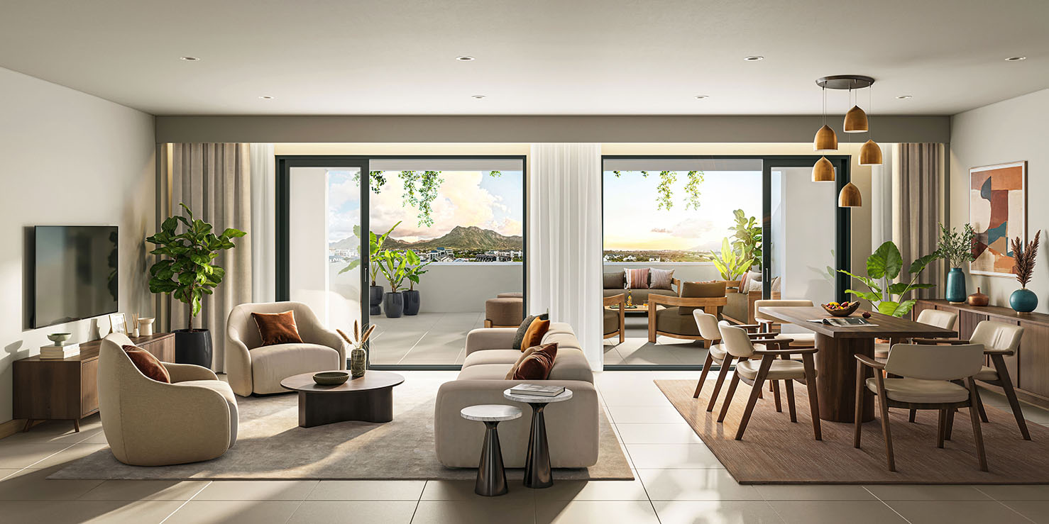 Les Terrasses d'Helvétia — duplex penthouse living and dining